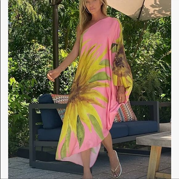 One Shoulder Floral Print Asymmetrical Flowy Kaftan Cover up